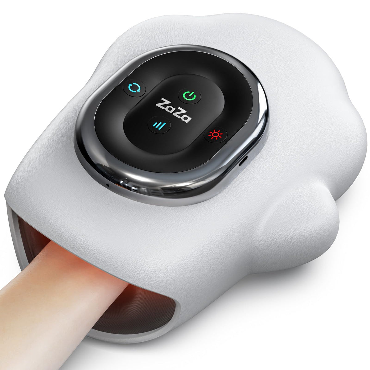 Zaza hand massager with heat and compression in white, front view for relaxing hands