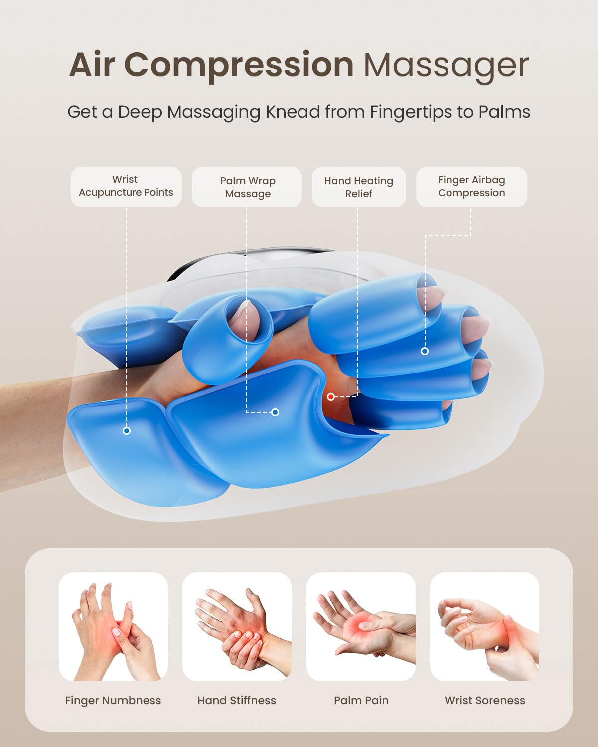 Zaza massager applying palm and finger massage using partitioned airbags