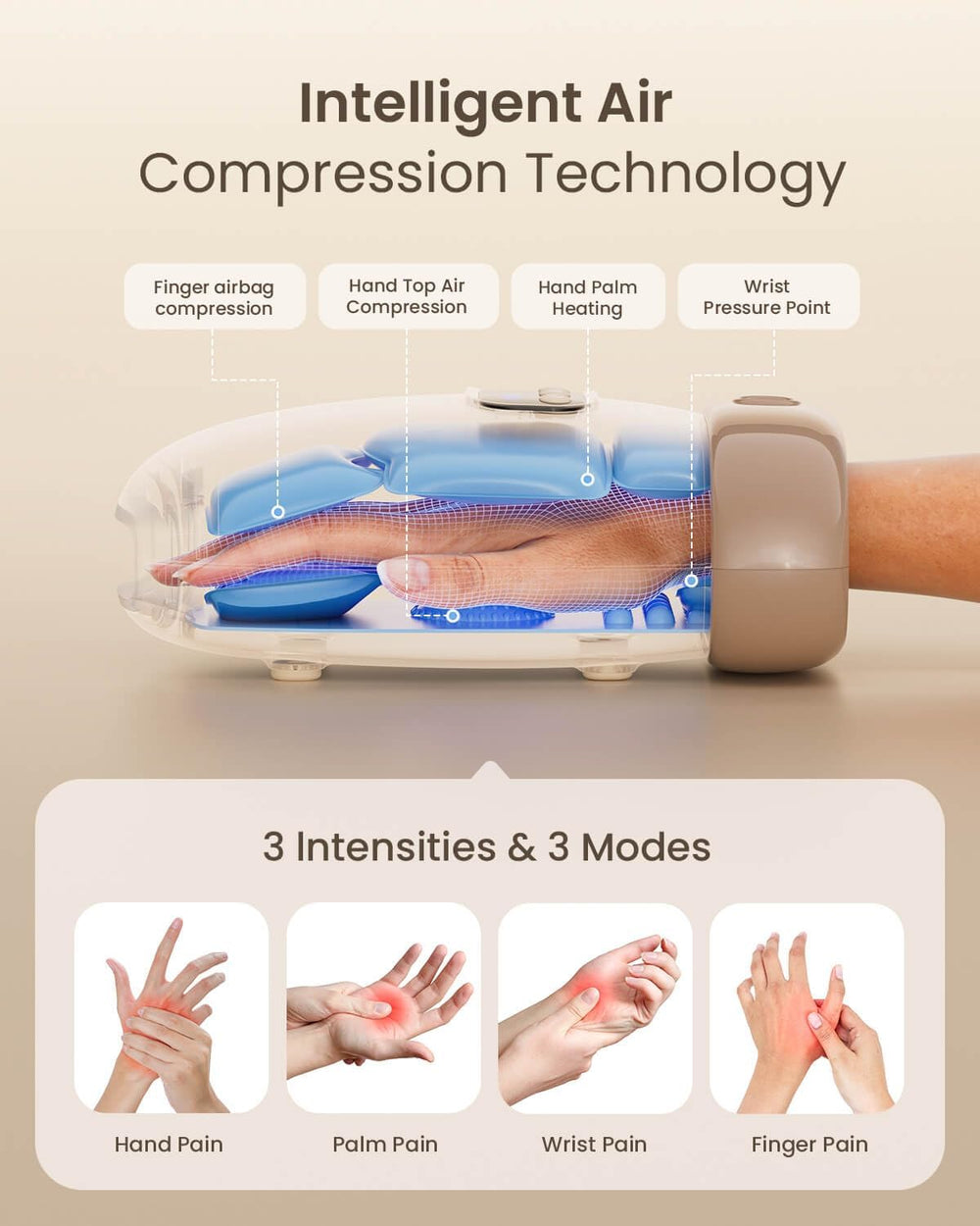 Zaza Hand Massager palm circles highlight palm and finger massage.