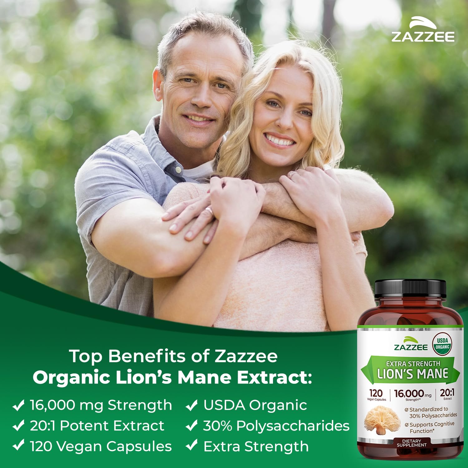 Zazzee 20 to 1 Lion's Mane extract visual emphasizing potency.