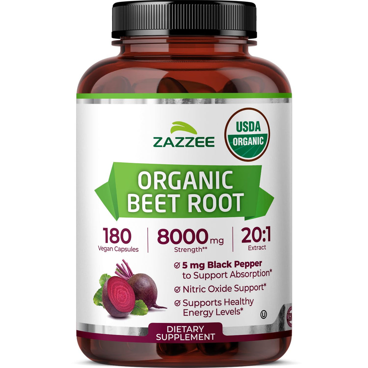 Zazzee Beet Root bottle front view shows 8000 mg strength per capsule for nitric oxide support