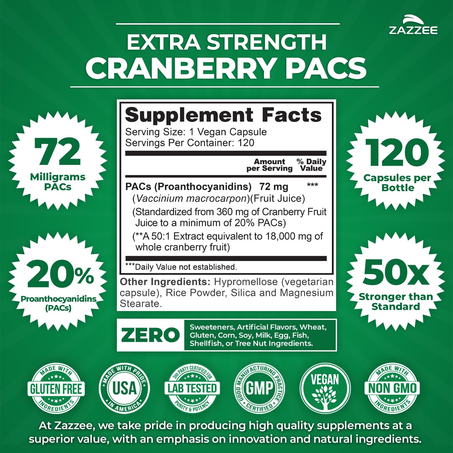 Zazzee Cranberry PACs bottle label highlights 72 mg PACs per capsule for urinary health potency