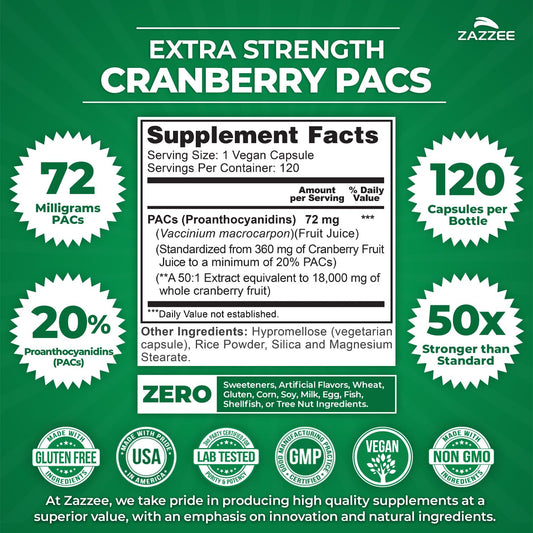 Zazzee Cranberry PACs bottle label highlights 72 mg PACs per capsule for urinary health potency