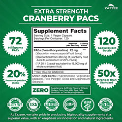 Zazzee Cranberry PACs bottle label highlights 72 mg PACs per capsule for urinary health potency