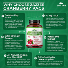 Zazzee Cranberry PACs bottle side nutrition shows 4-month supply and 120 capsules for urinary health support
