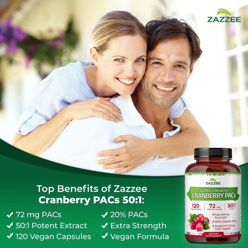 Zazzee Cranberry PACs capsules image emphasizes 100% soluble PACs for fast-acting daily urinary health support