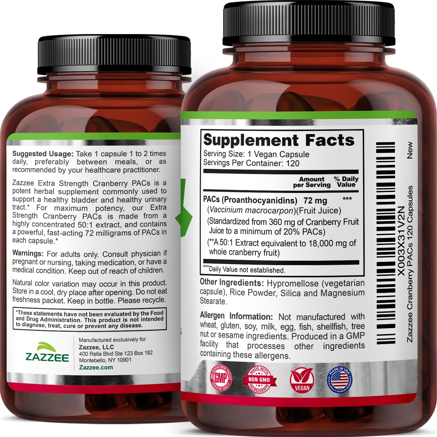 Zazzee Cranberry PACs vegan capsule close-up demonstrates plant-based option for daily urinary health support