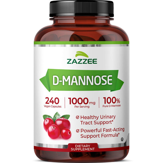 Zazzee D-Mannose bottle front showing all-natural urinary tract support