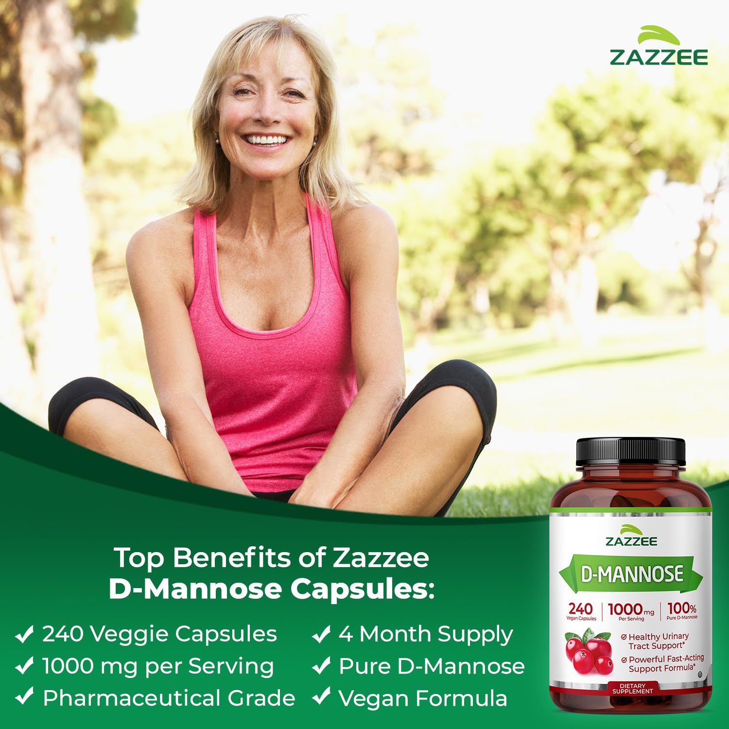 Front label of Zazzee D-Mannose bottle emphasizes vegan and kosher quality