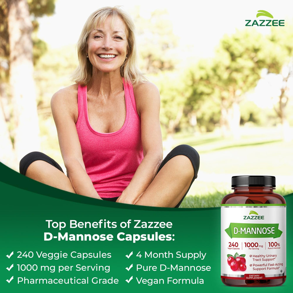 Front label of Zazzee D-Mannose bottle emphasizes vegan and kosher quality