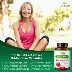 Front label of Zazzee D-Mannose bottle emphasizes vegan and kosher quality