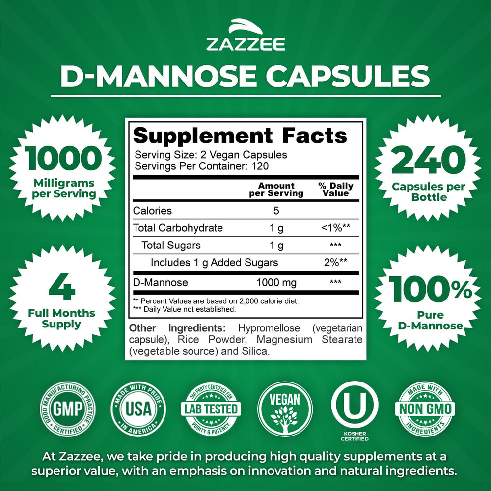 Close-up of Zazzee D-Mannose capsules highlighting a single-ingredient formula