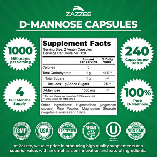 Close-up of Zazzee D-Mannose capsules highlighting a single-ingredient formula