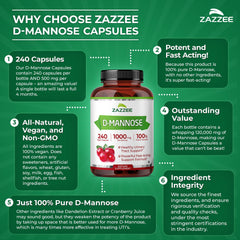 Packaging box for Zazzee D-Mannose, showcasing value for four-month supply