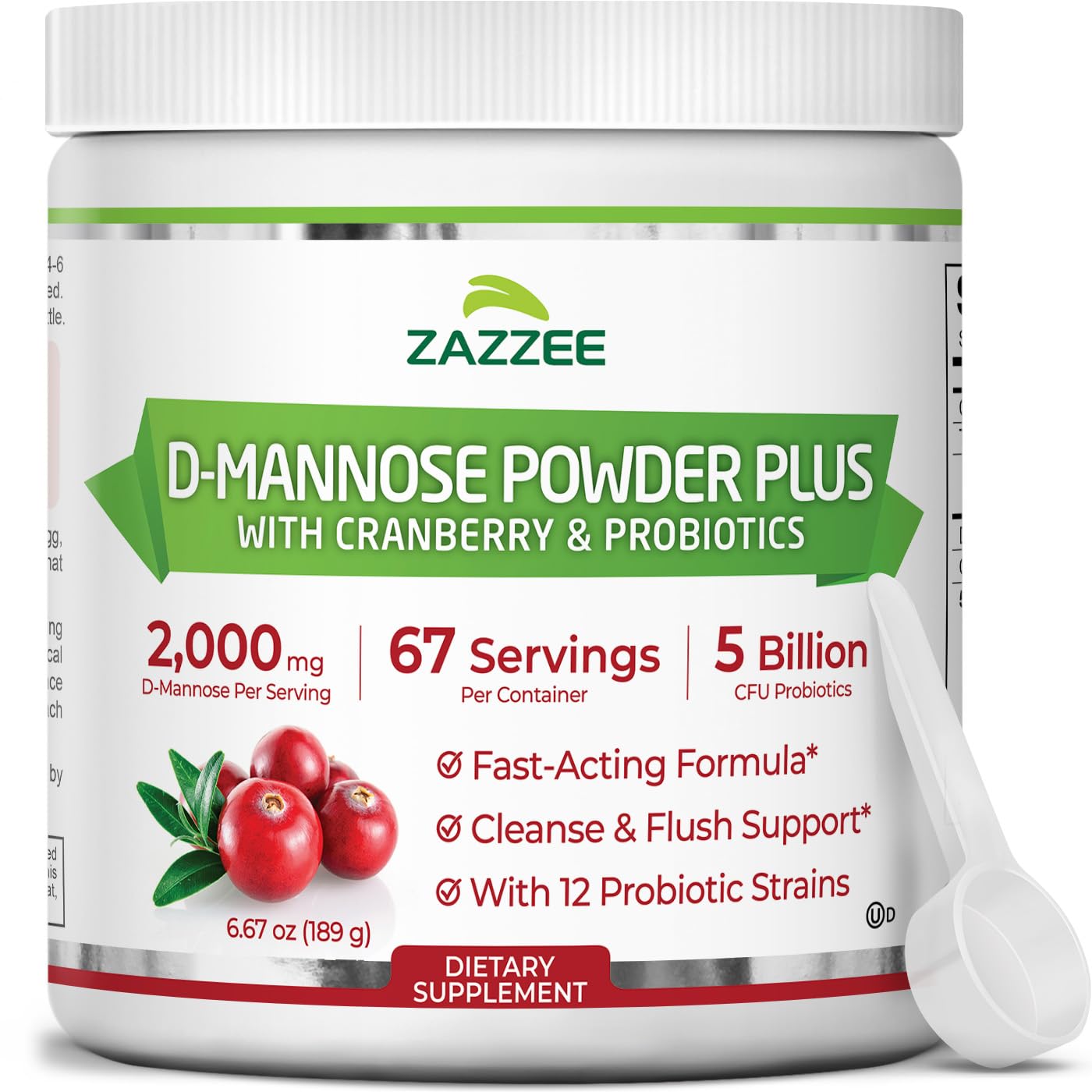 Zazzee D-Mannose Powder Plus bottle front with cranberry extract for urinary support