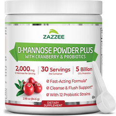 Zazzee D-Mannose Powder Plus bottle showing urinary support formula.