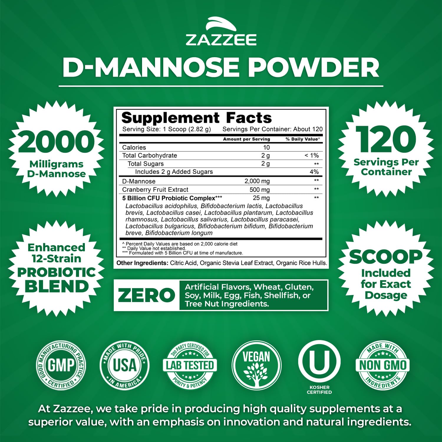 Zazzee D-Mannose Powder Plus free scoop ensures exact serving.