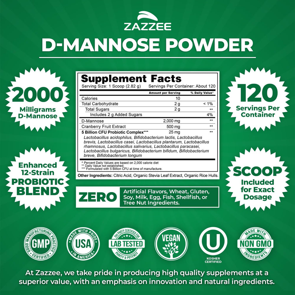 Zazzee D-Mannose Powder Plus free scoop ensures exact serving.
