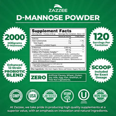 Zazzee D-Mannose Powder Plus free scoop ensures exact serving.