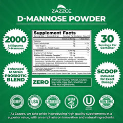 Zazzee D-Mannose Powder Plus probiotic blend highlights 5B CFU.