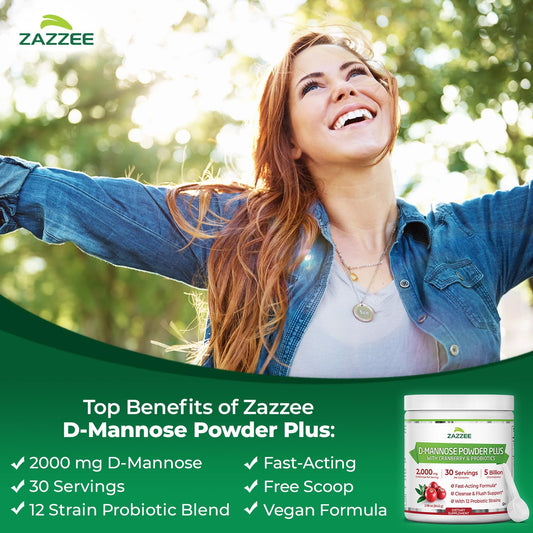 Zazzee D-Mannose Powder Plus scoop for precise daily dosing.