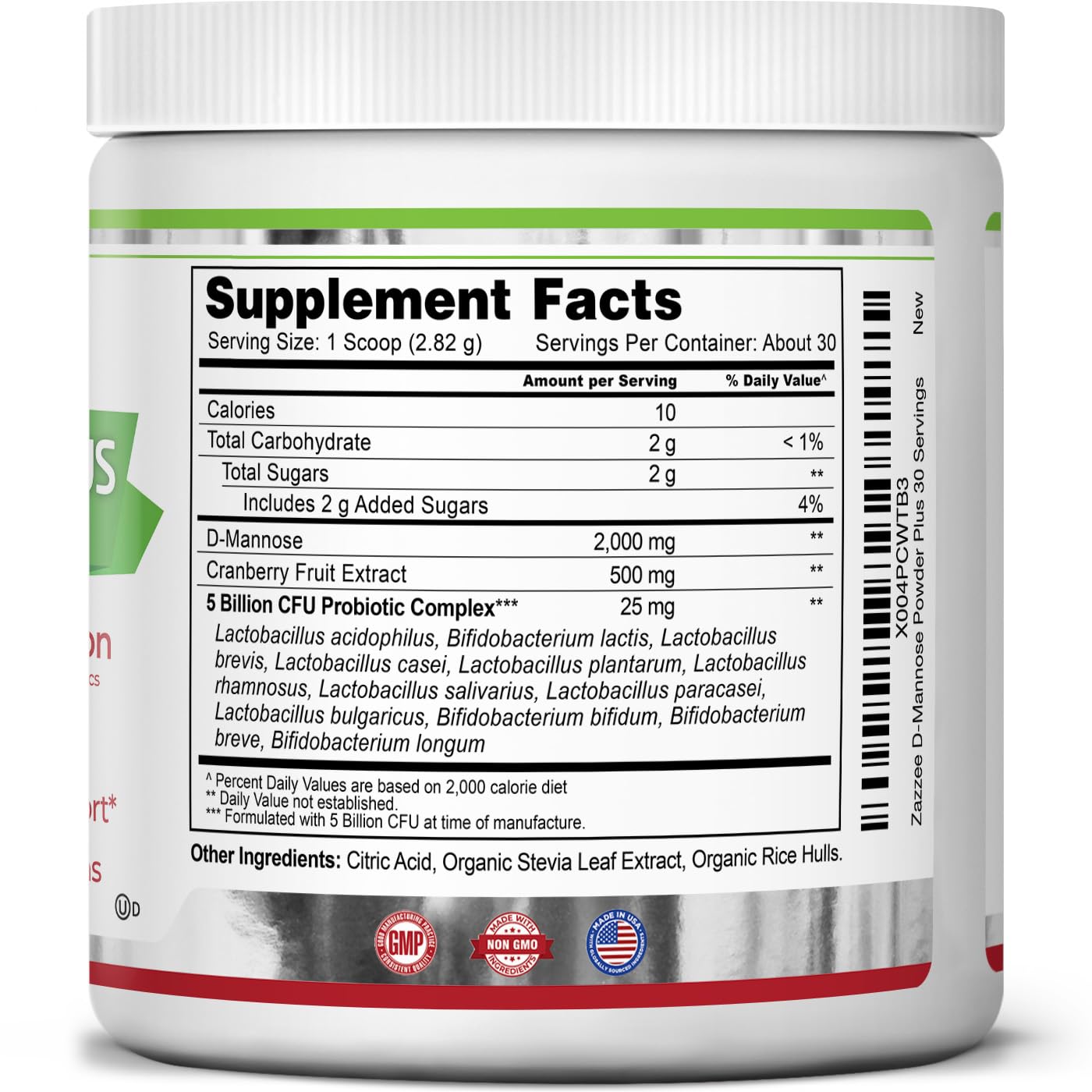 Zazzee D-Mannose Powder Plus serving size reference for consistency.
