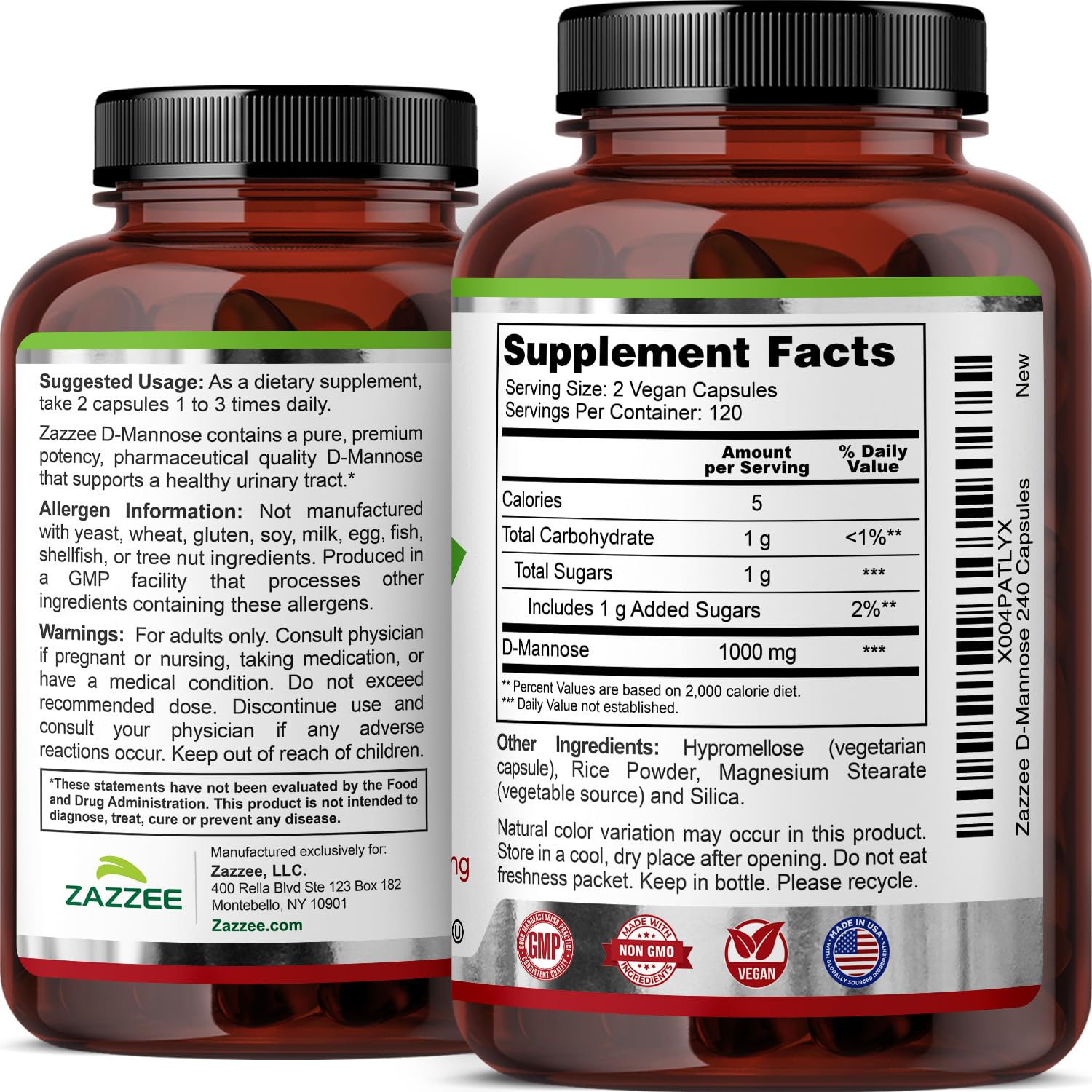Certifications for Zazzee D-Mannose confirm vegan and kosher standards