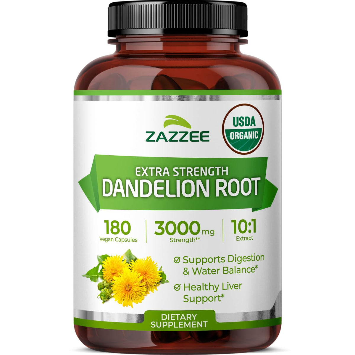 Zazzee Dandelion Root Extract bottle highlights 10:1 potency for daily use