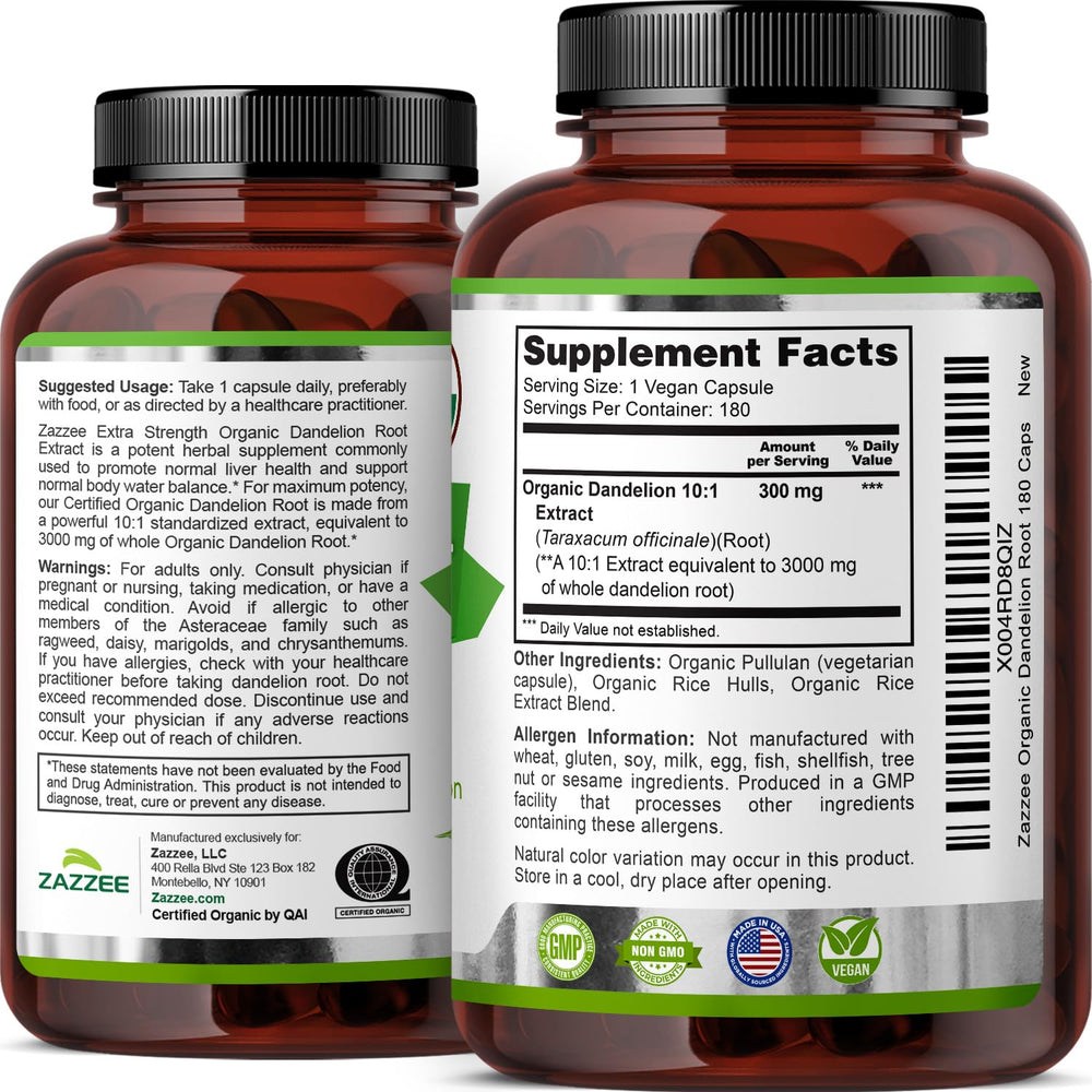 Zazzee Dandelion Root capsules 180-count image communicates generous supply