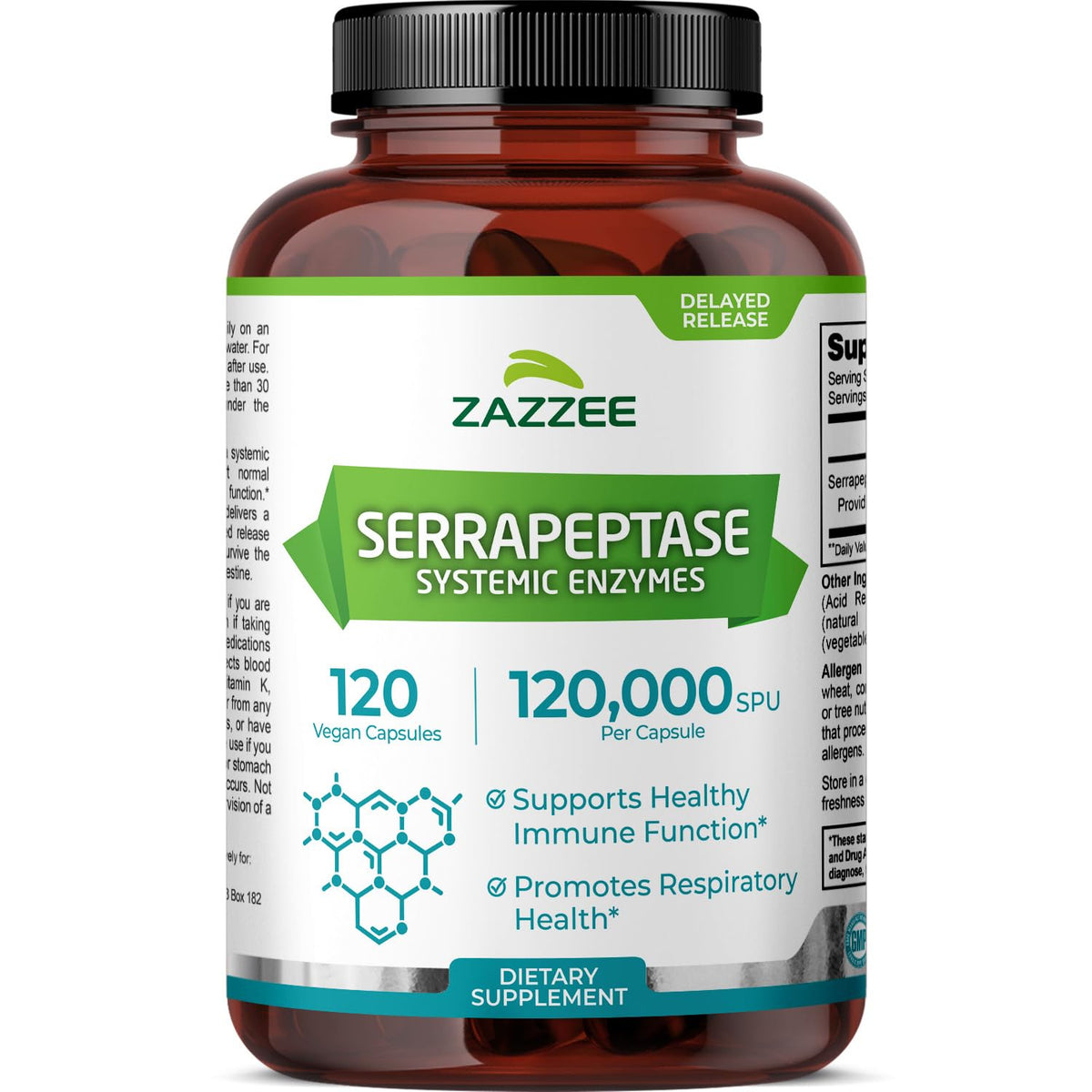 Zazzee delayed-release serrapeptase bottle highlighting 4 month supply.