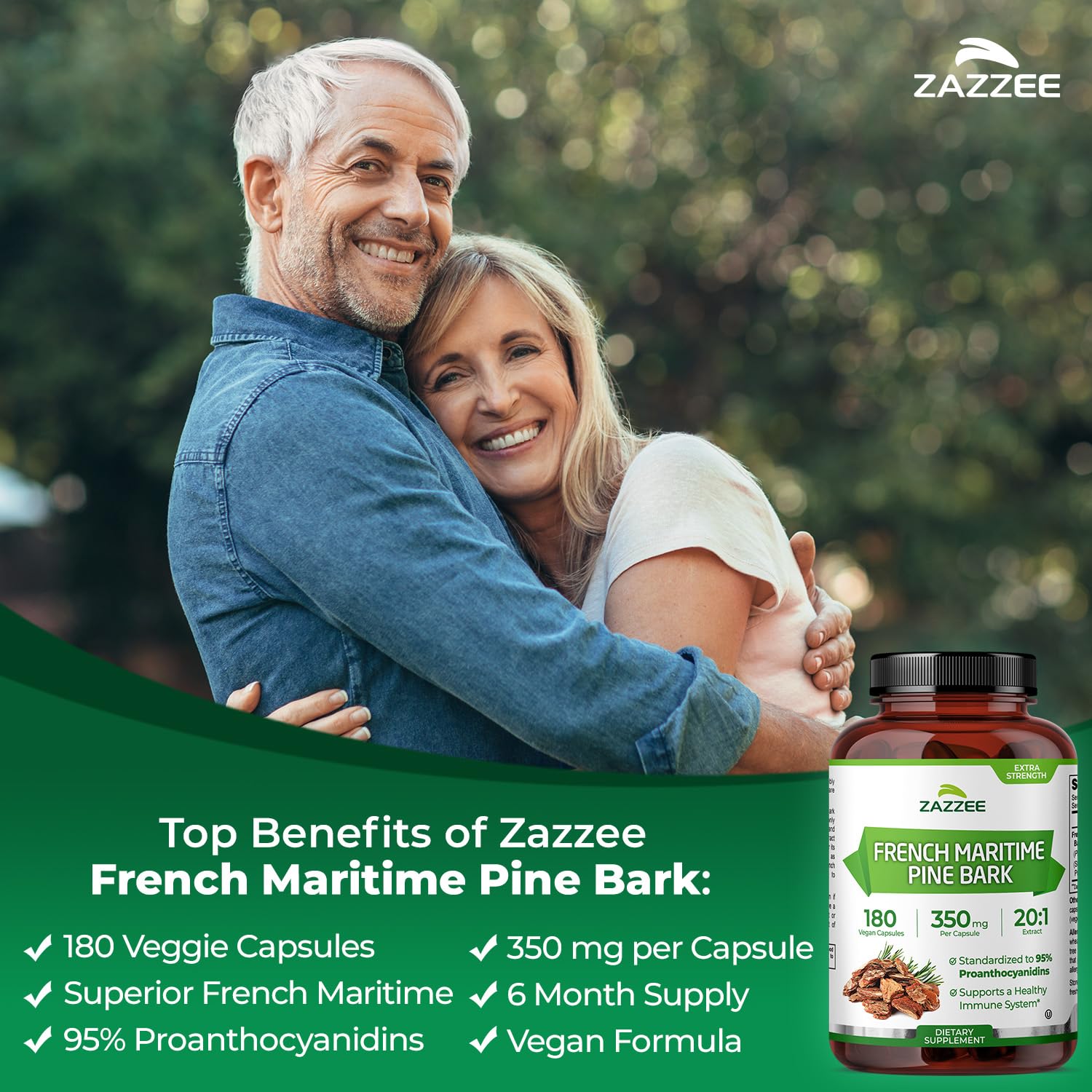 Zazzee Extra Strength Pine Bark Extract capsule delivers 350 mg per dose.
