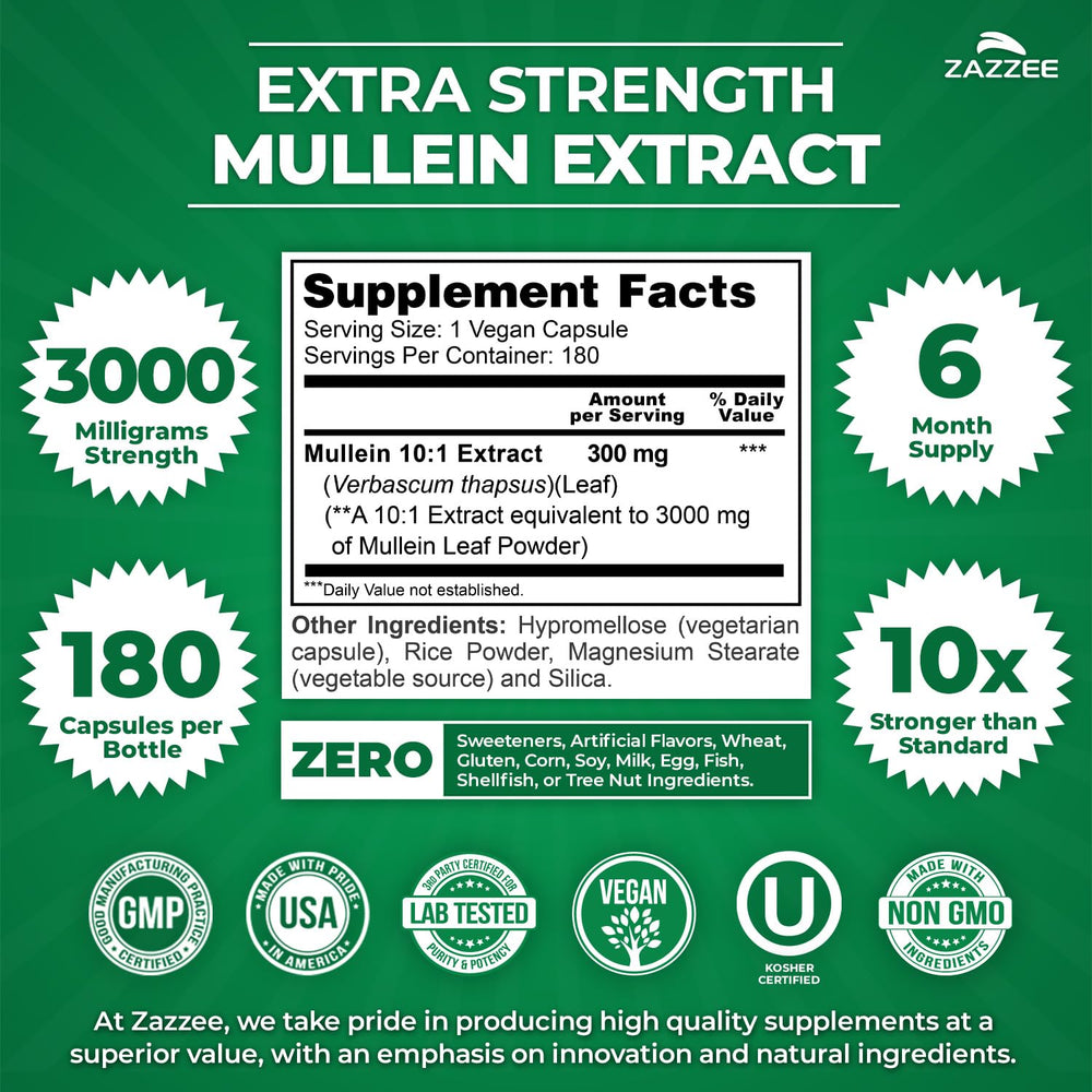 Zazzee Extra Strength Mullein bottle showing six-month supply.