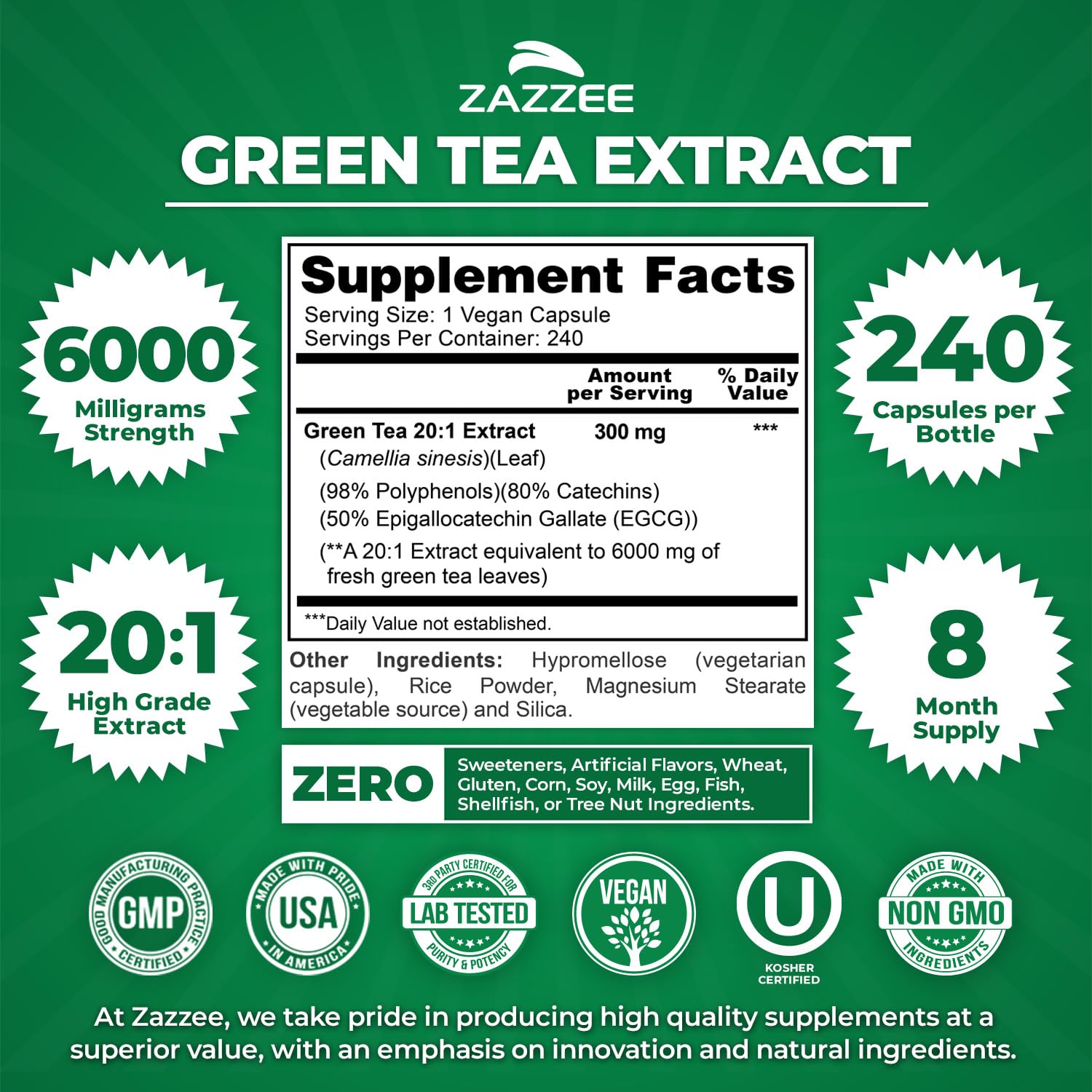 Zazzee Green Tea Extract bottle highlights 20 to 1 extract strength