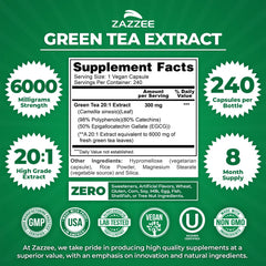 Zazzee Green Tea Extract bottle highlights 20 to 1 extract strength