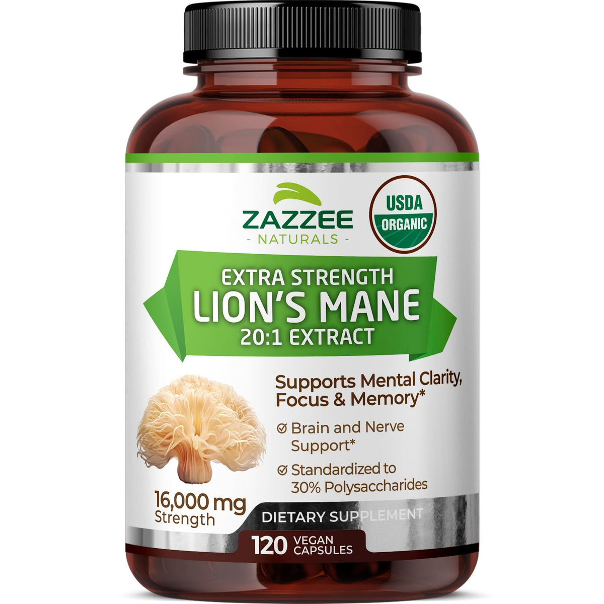 Zazzee Lions Mane bottle with capsules for daily focus support.