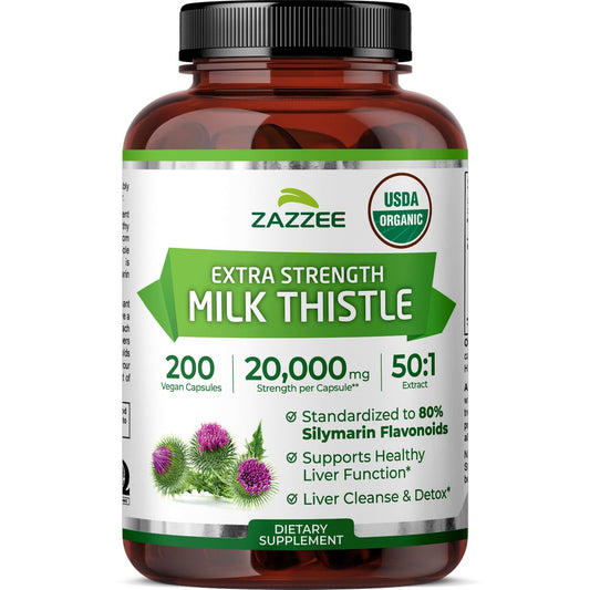 Zazzee Milk Thistle bottle showing 50:1 extract potency for daily use