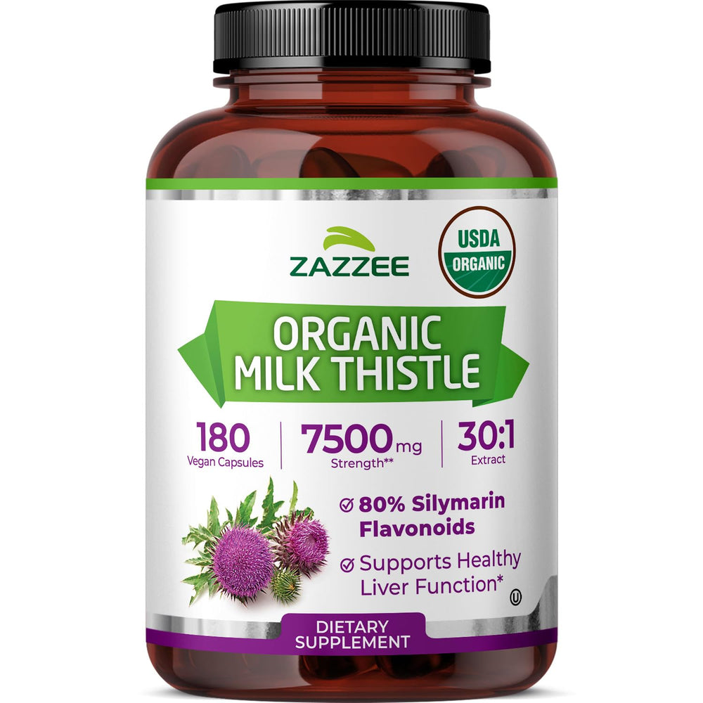 Zazzee Milk Thistle bottle label showing organic certification for clean sourcing