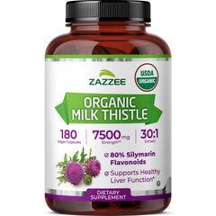 Zazzee Milk Thistle bottle label showing organic certification for clean sourcing