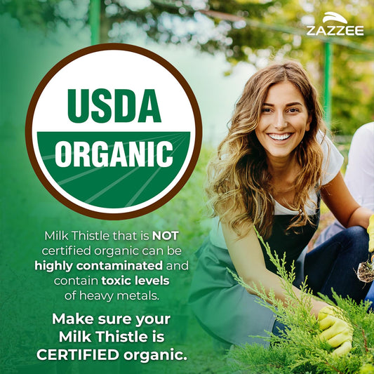 Zazzee Milk Thistle capsules in a bottle indicating 180-count value