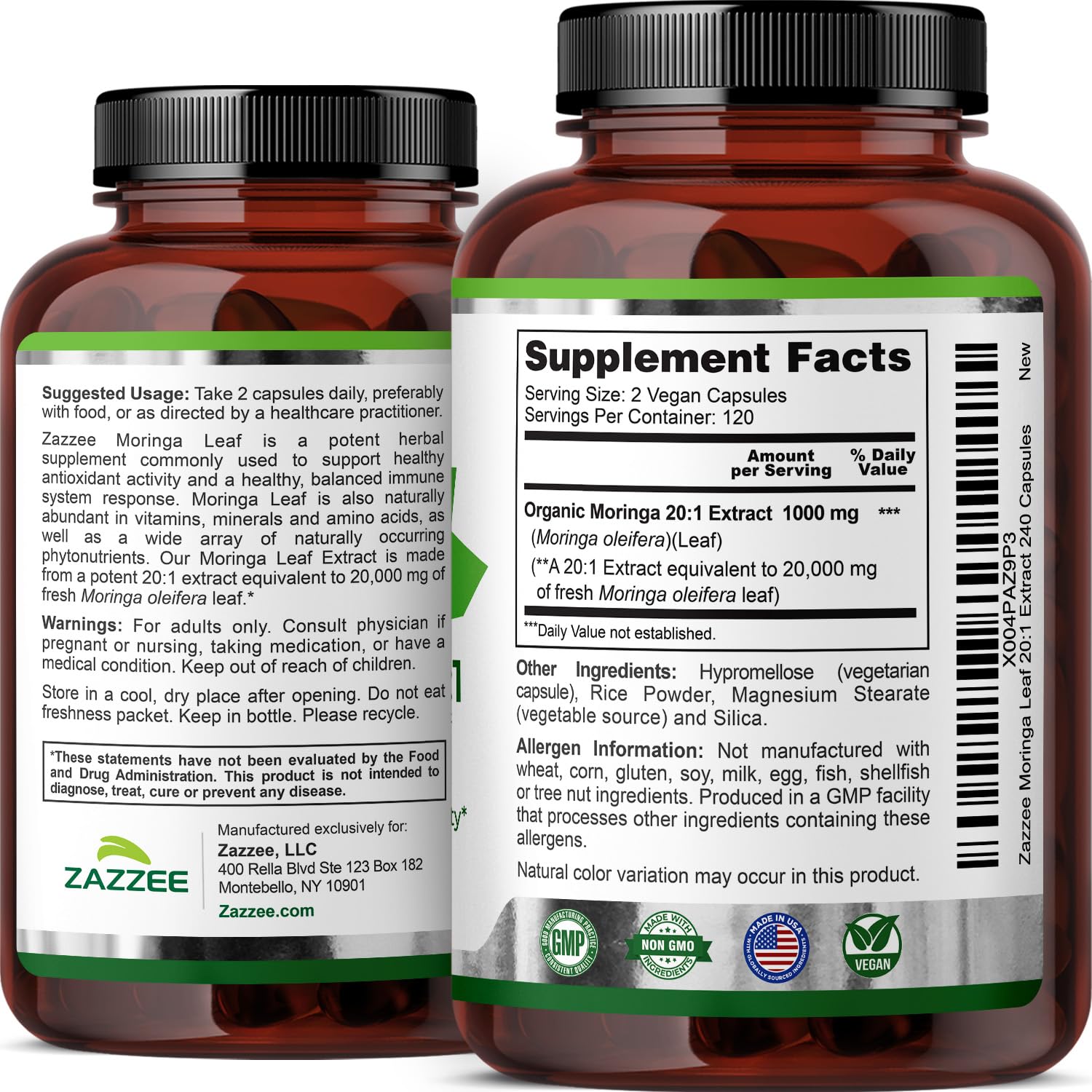 Zazzee Moringa capsule close-up; smooth swallow for practical daily use.