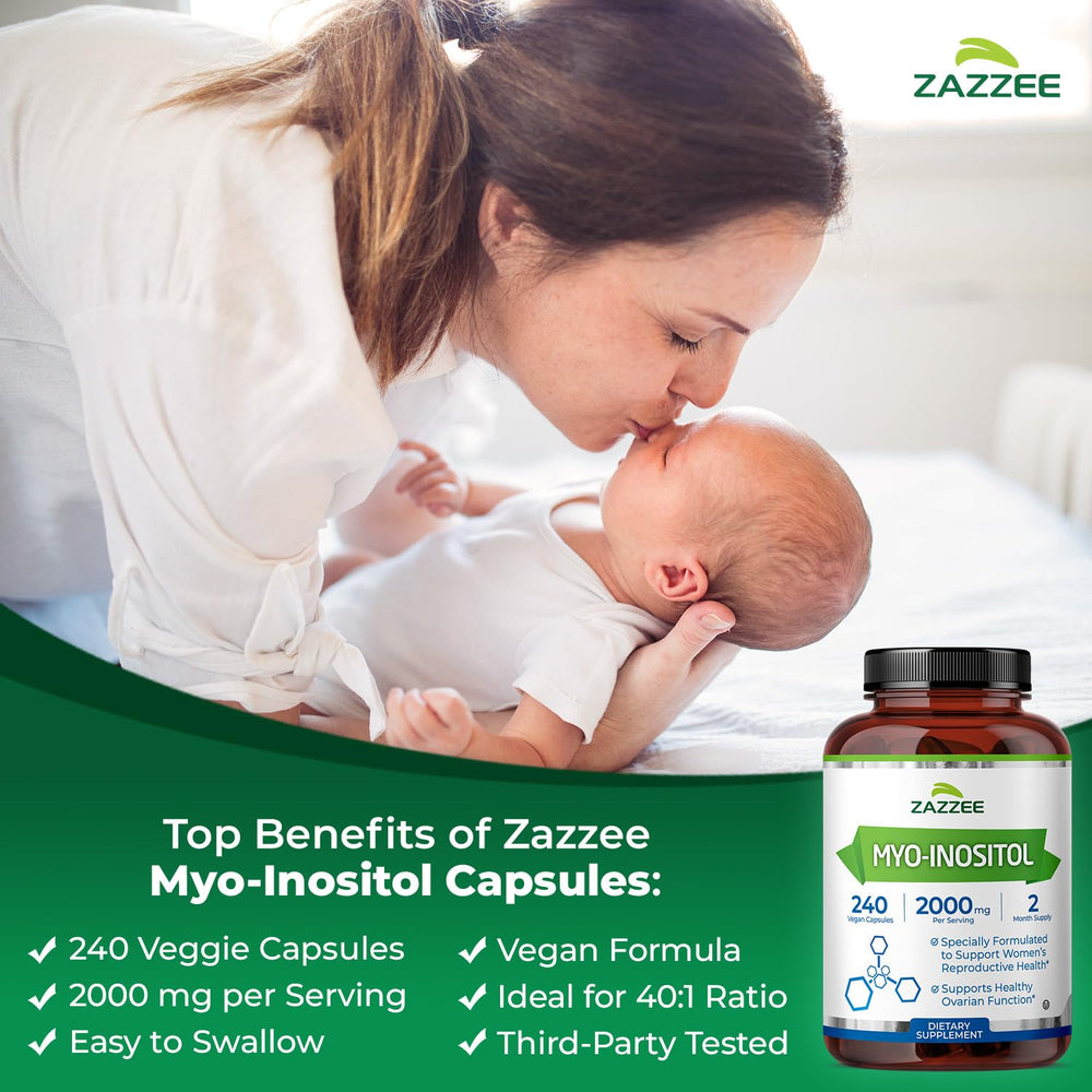 Zazzee Myo-Inositol capsules inside bottle, vegan and non-GMO.