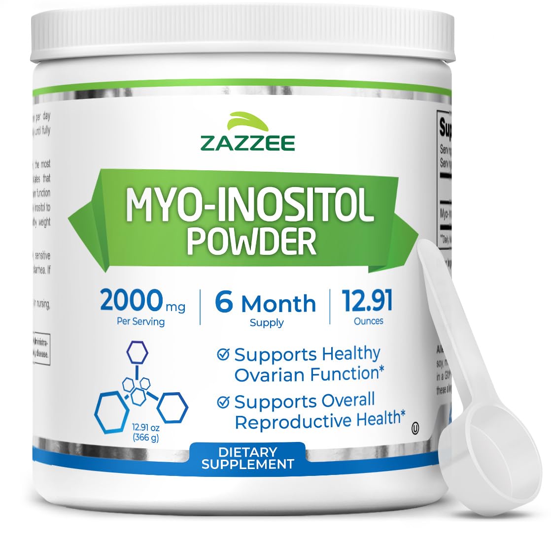 Zazzee Myo-Inositol powder bottle with scoop ensures precise daily dosage.