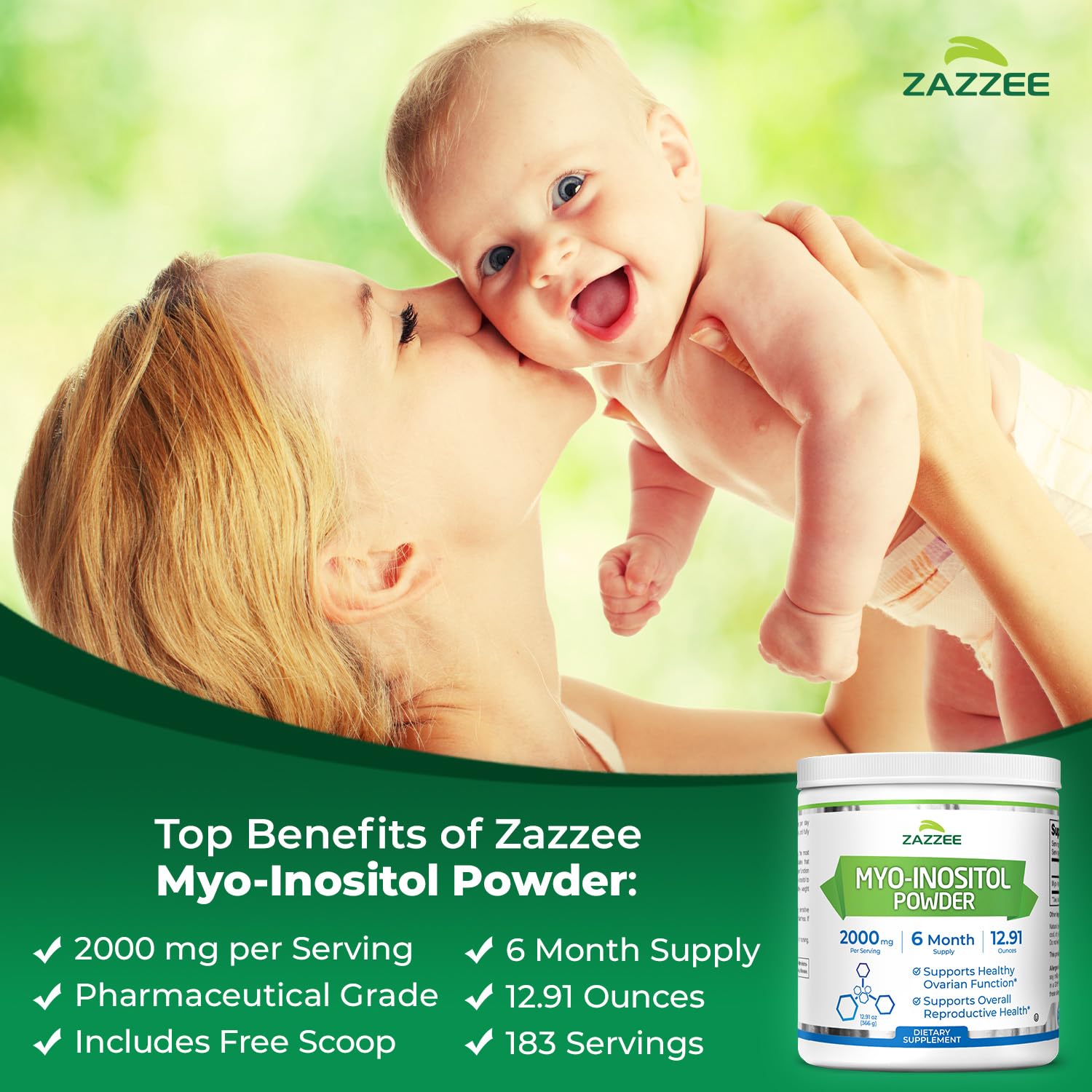 Free scoop included for exact 2000 mg per serving from Zazzee Myo-Inositol.