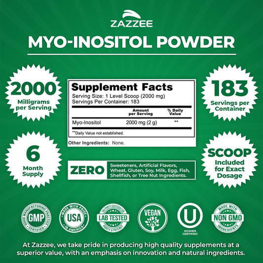 Zazzee Myo-Inositol powder container shows 183 servings for long-term use.