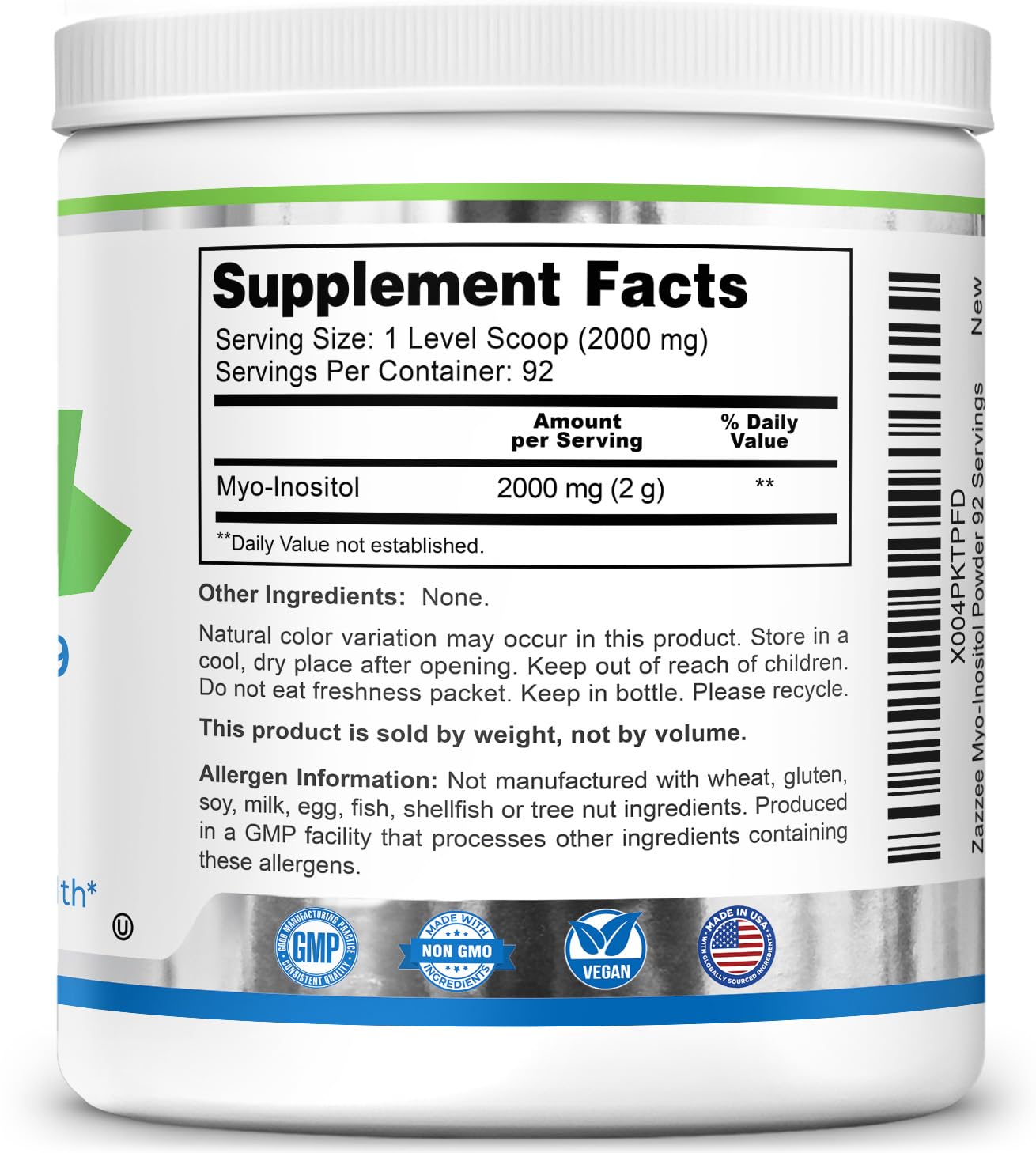 Zazzee Myo-Inositol label displays kosher and non-GMO assurances.