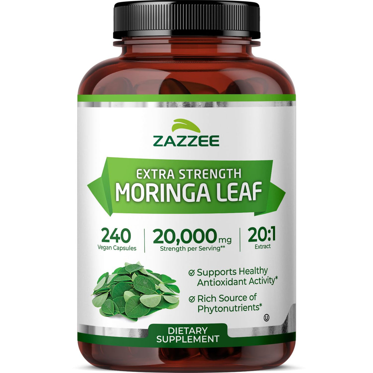 Zazzee Organic Moringa bottle with 240 capsules for daily antioxidant support.