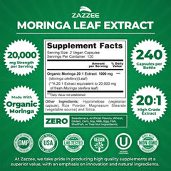 Zazzee Moringa capsule close-up highlighting potent 20:1 extract for daily energy.