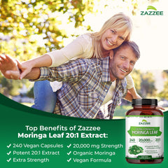 Zazzee Organic Moringa label shows USDA Organic and vegan ingredients.