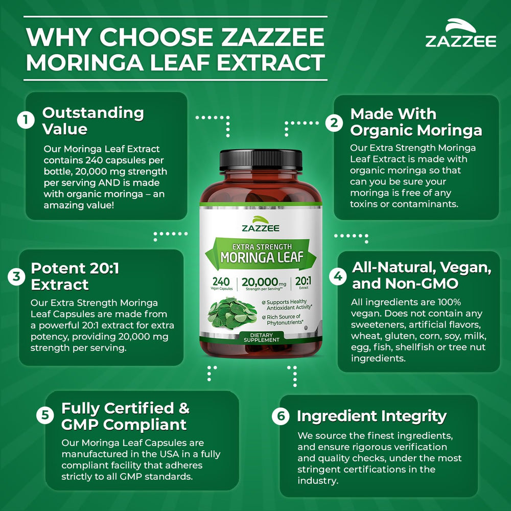 Zazzee Moringa produced in USA with strict quality controls.