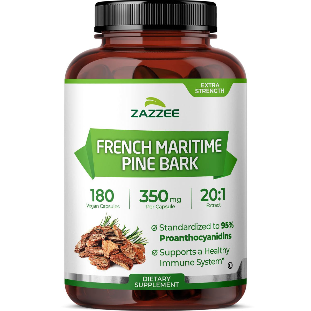 Zazzee Pine Bark Extract bottle shows a six-month supply with 180 vegan capsules.